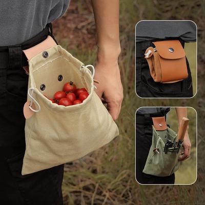 Buiten Foerageertas Gewaxte Canvas Opvouwbaar Foerageerzakje Fruit Pluk Opbergtassen Leren Riem Taille Hangende Gereedschapstas voor Reizen Kamperen Wandelen