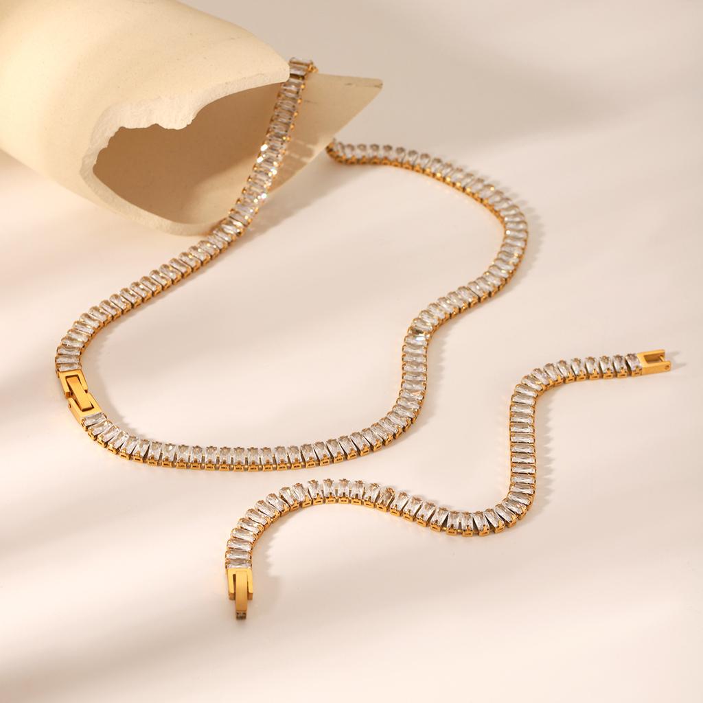 Wind Stainless Steel Inlaid Square Zircon Necklace Bracelet Light Luxury High-end Collarbone Chain Jewelry