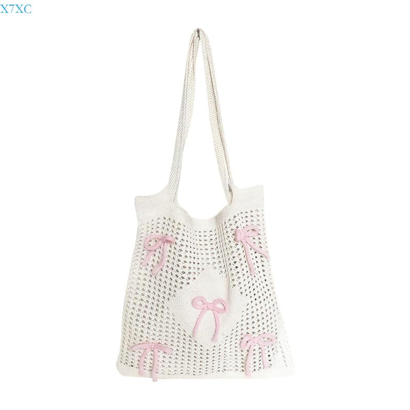 

X7XC Knit Crochet Bags,Beach Mesh Toted Bag Womens Shoulder Shopping Handbag Casual Travel Toted Bag Foldable Hoboes Bags рожевий
