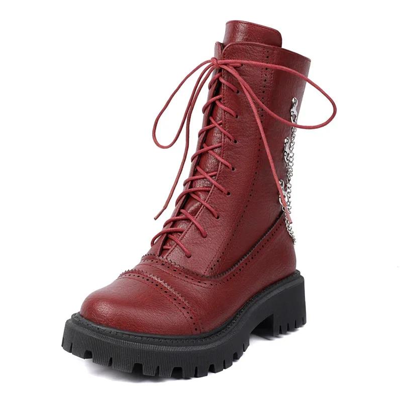 

Панк Металлические Цепи Платформа Ботильоны Женские Средний Толстый Каблук Красный Синий Зимние Повседневные Вечеринка Леди Винтажные Готические На шнуровке Короткие Ботинки 42