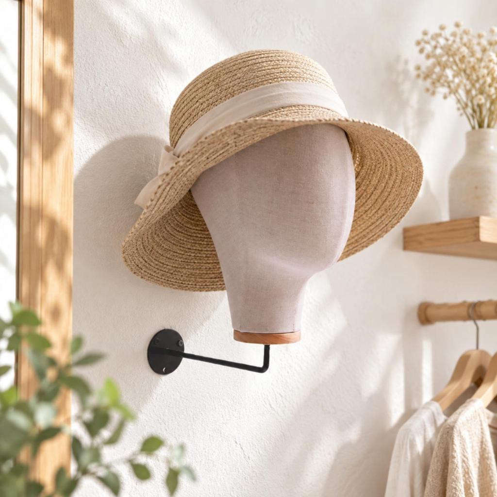 Female Mannequin Head with Wooden pedestalSaving WallMounted Compact Hairpiece Holder
