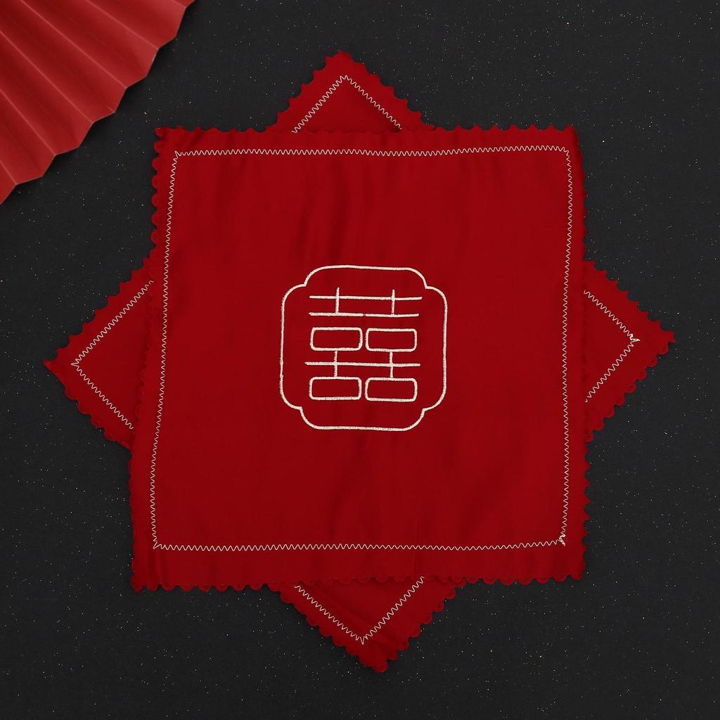 Red Wedding Handkerchief with Dragon, Phoenix, and Double Happiness Design