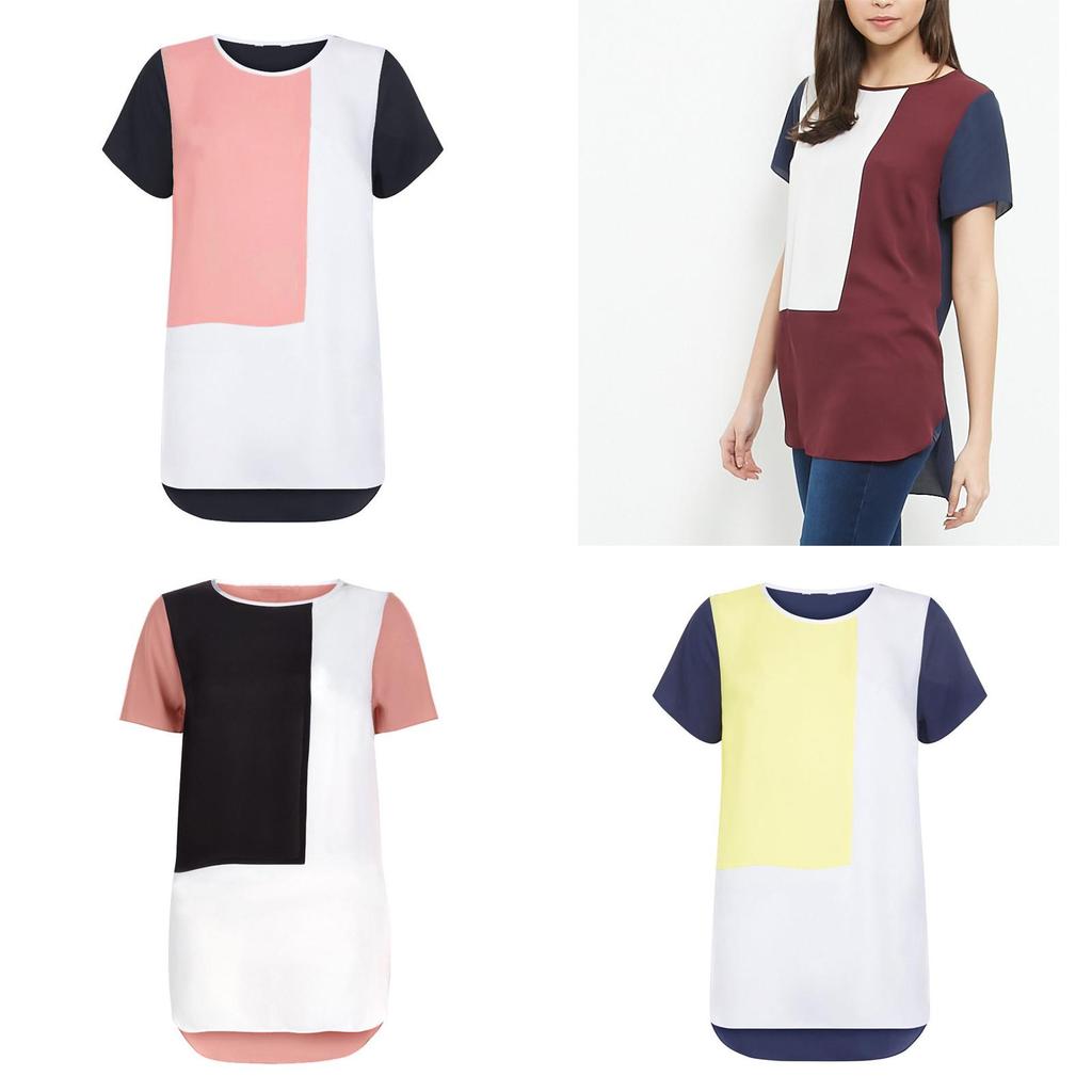 Women's Summer O-neck Loose Short Sleeve Shirt With Leisure Patchwork Design