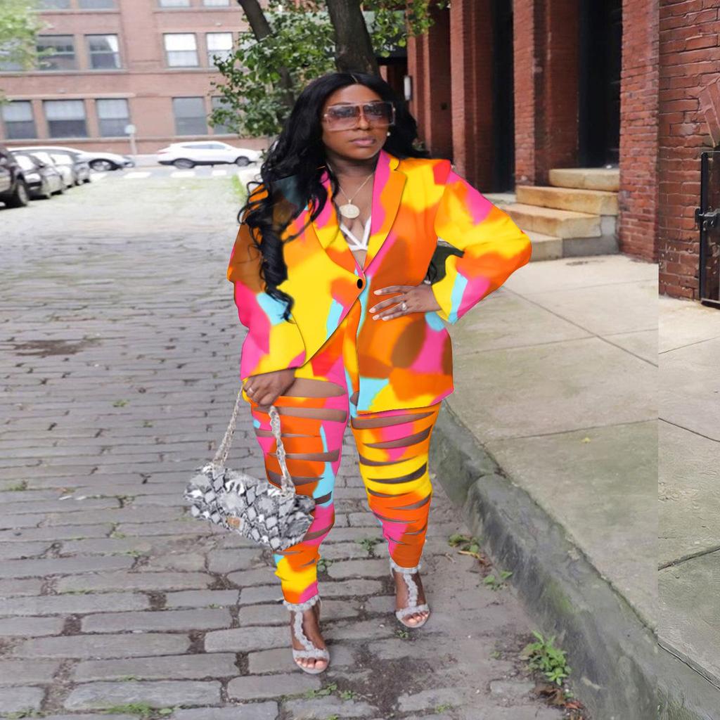 European & American Slim Fit Sexy Print Cardigan Two-Piece Nightclub Set