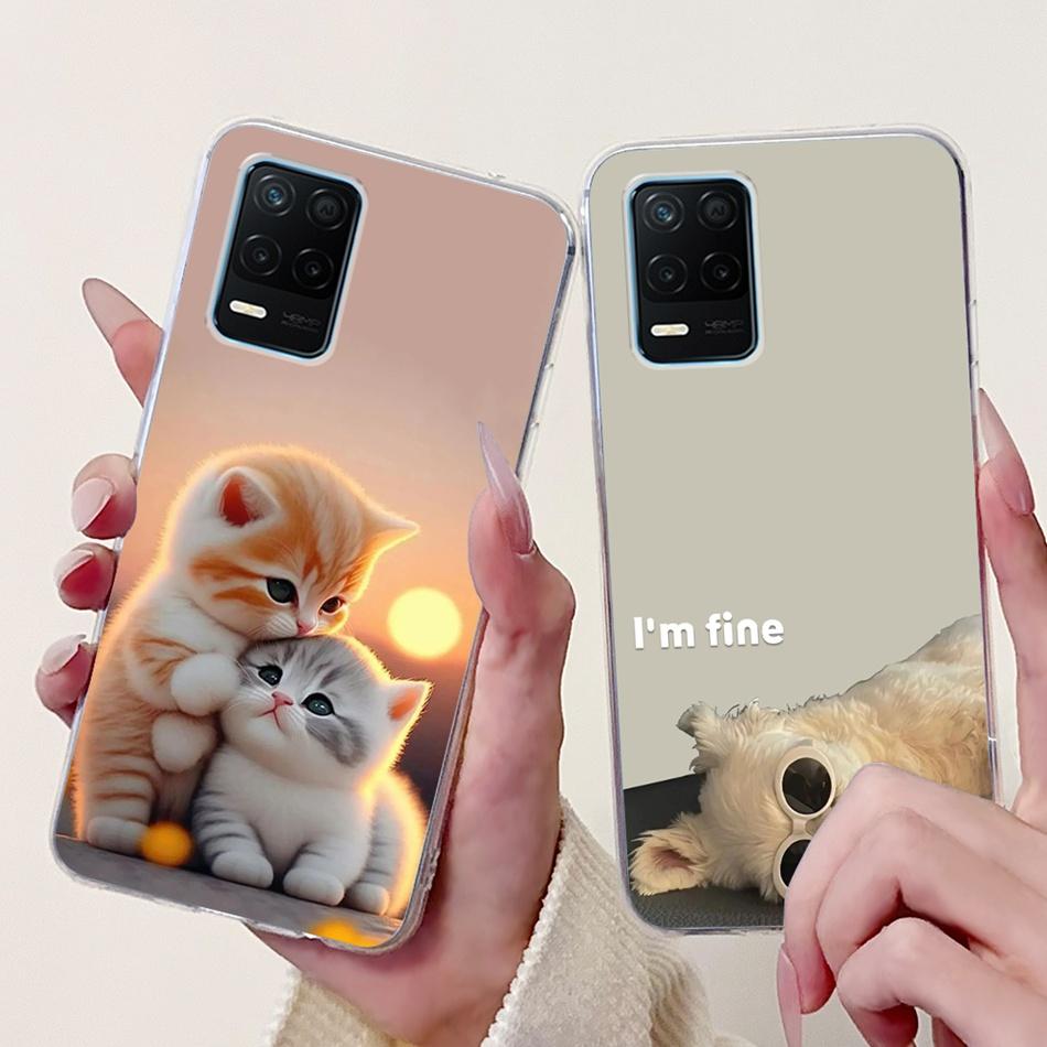 Pro telefon Realme 8 5G RMX3241 Pouzdro na telefon Realme8 5G Elegantní Květinový Potisk Kočky Měkký Silikon Průhledné TPU Pouzdra