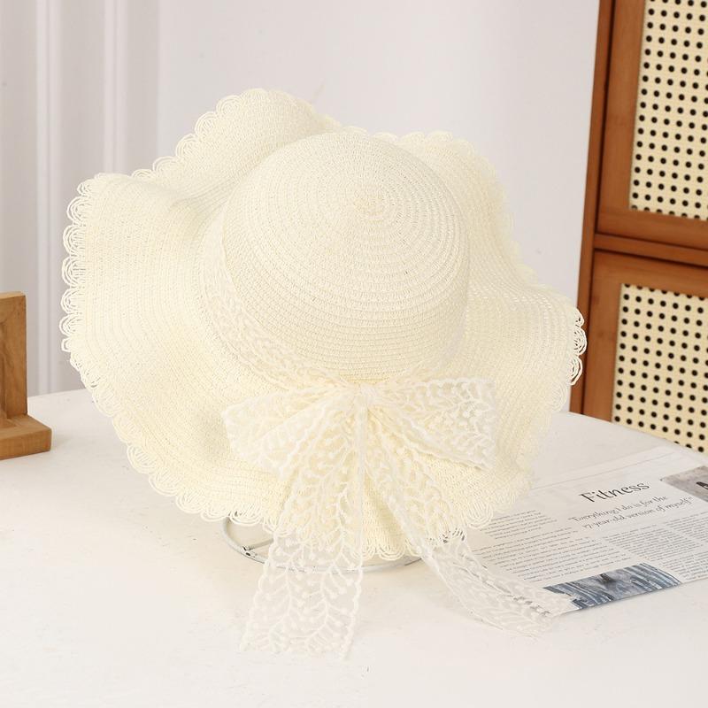 Summer Bow Sun Hat Female, Seaside Beach Vacation Sun Hat Outdoor Big Brim Sun Hat Sweet Straw Hat