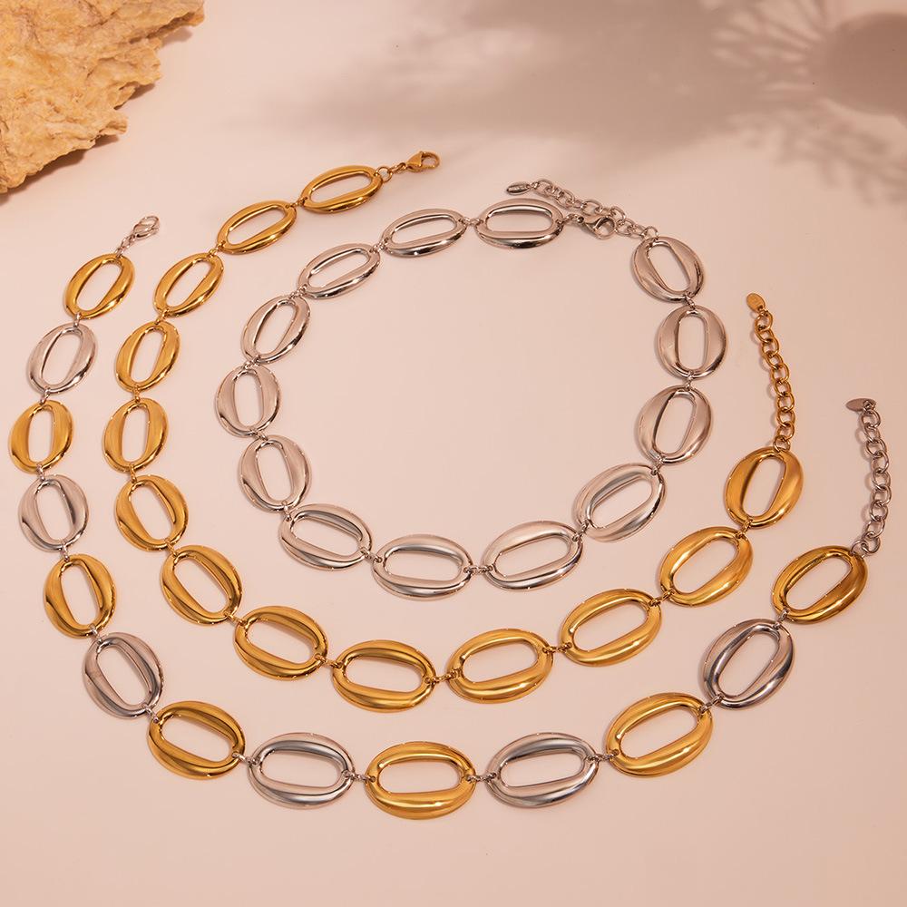 Elliptical Egg Shaped High Polished Bracelet Necklace Set Plated with 18k Real Gold, Non Fading Jewelry