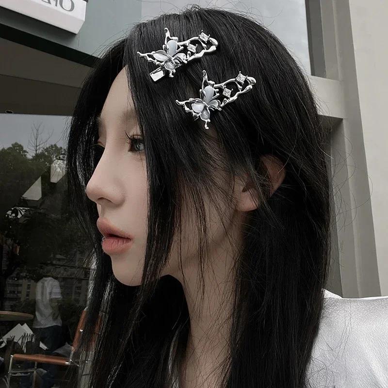 1/2pcs Y2K Irregular Liquid Metal Hairpin Butterfly Zircon Hair Clips Girl Fashion Silver Bang Clip for Women Hair Accessories