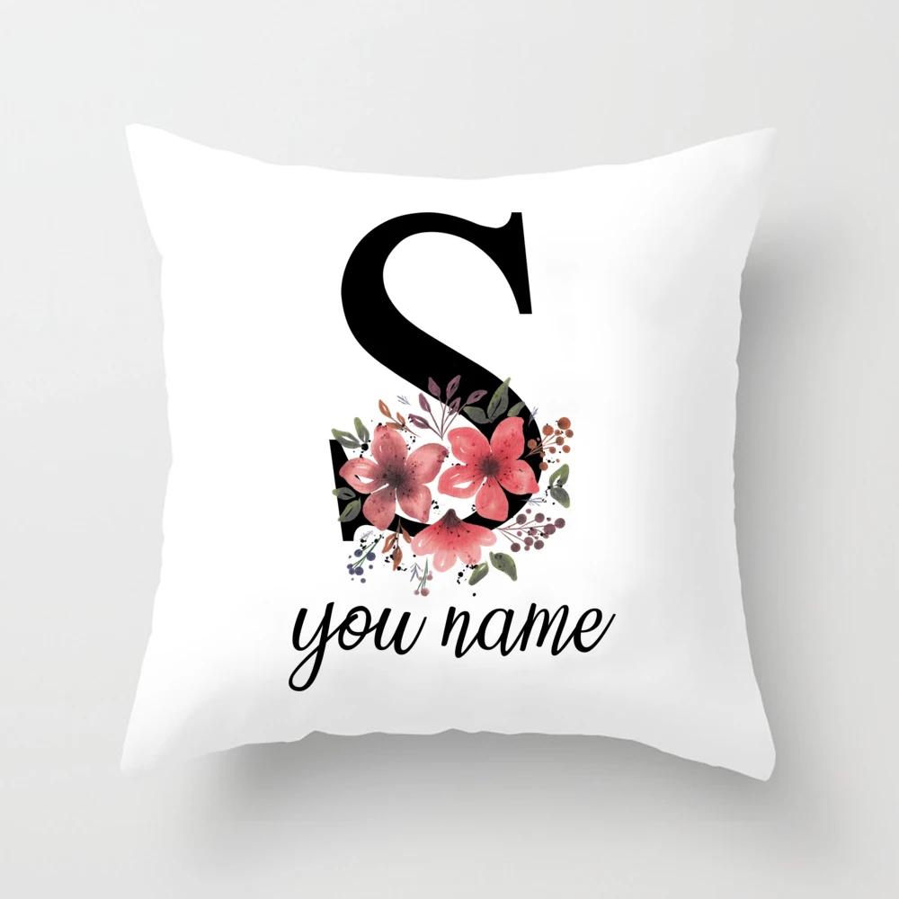 Personalized Name Flower Letter Pillow Case Alphabet Print White Square Pillow Case Dust Cover Bedroom Party Decoration