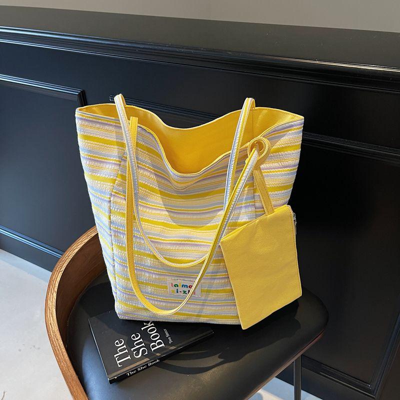

Summer Stripe Double-sided Canvas Bag Women Large Capacity Travel Handbag All-Match One-Shoulder Student Commuting Tote Bag Yellow