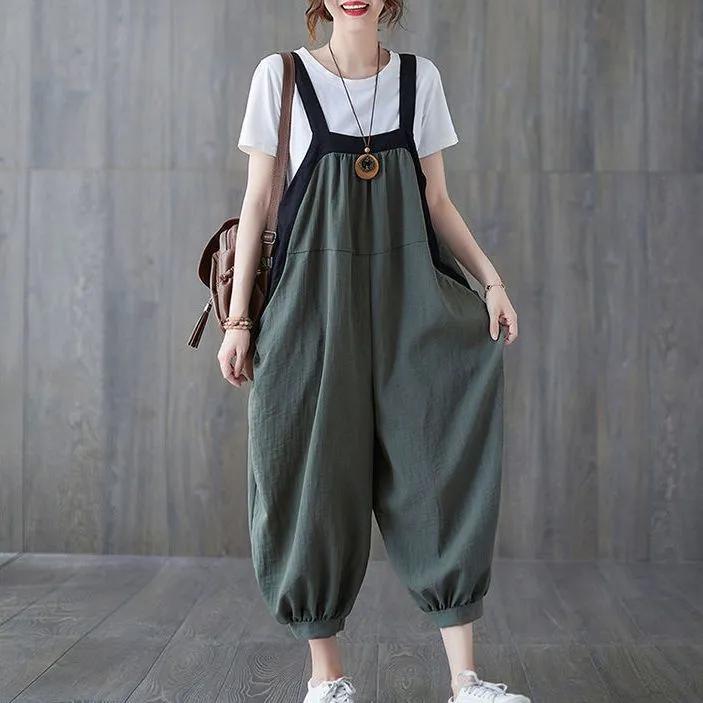 

Women s Summer Boho-Style Color-Blocked Harem Jumpsuit: Plus Size, Loose Fit, Youthful Casual Overalls 4XL темно-зелений колір