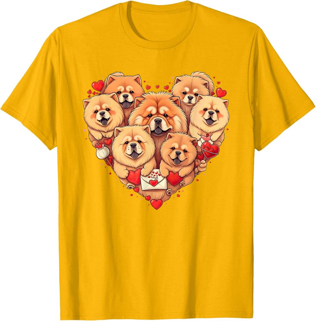 Chow Chow Heart Valentine Dogs Graphic Tee Short Sleeve Crewneck Casual Cotton T-Shirt for Men Women