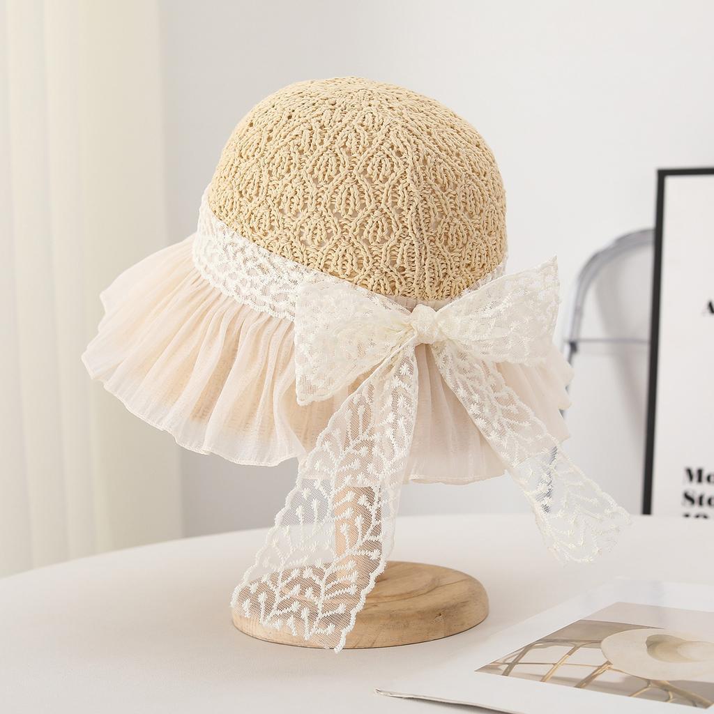 Summer Lace Bow Wide Brim Sun Hat Women Crochet Pattern Ruffled Tulle Brim Sun Protection UV Beach Hat
