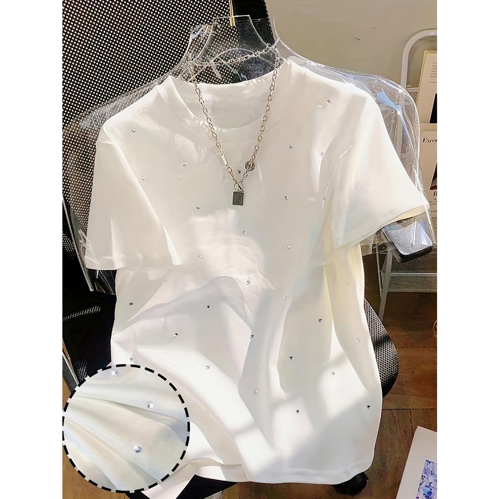 Sommer Neues Damen Freizeit-Kurzarm-T-Shirt, Rundhals, Herz-Paillettenmuster, Lässiges Oberteil
