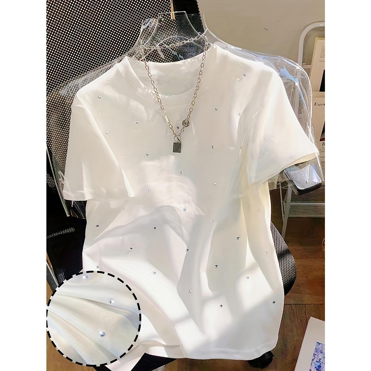 Summer New Women s Casual Short Sleeve T-Shirt, Crew Neck Heart Sequin Pattern Casual Top S белый