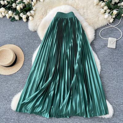 Maxi Skirt High Waist Glossy Long Skirt Solid Color Pleated Design Large Hem Dance Skirt Work Leisure Daily Wear