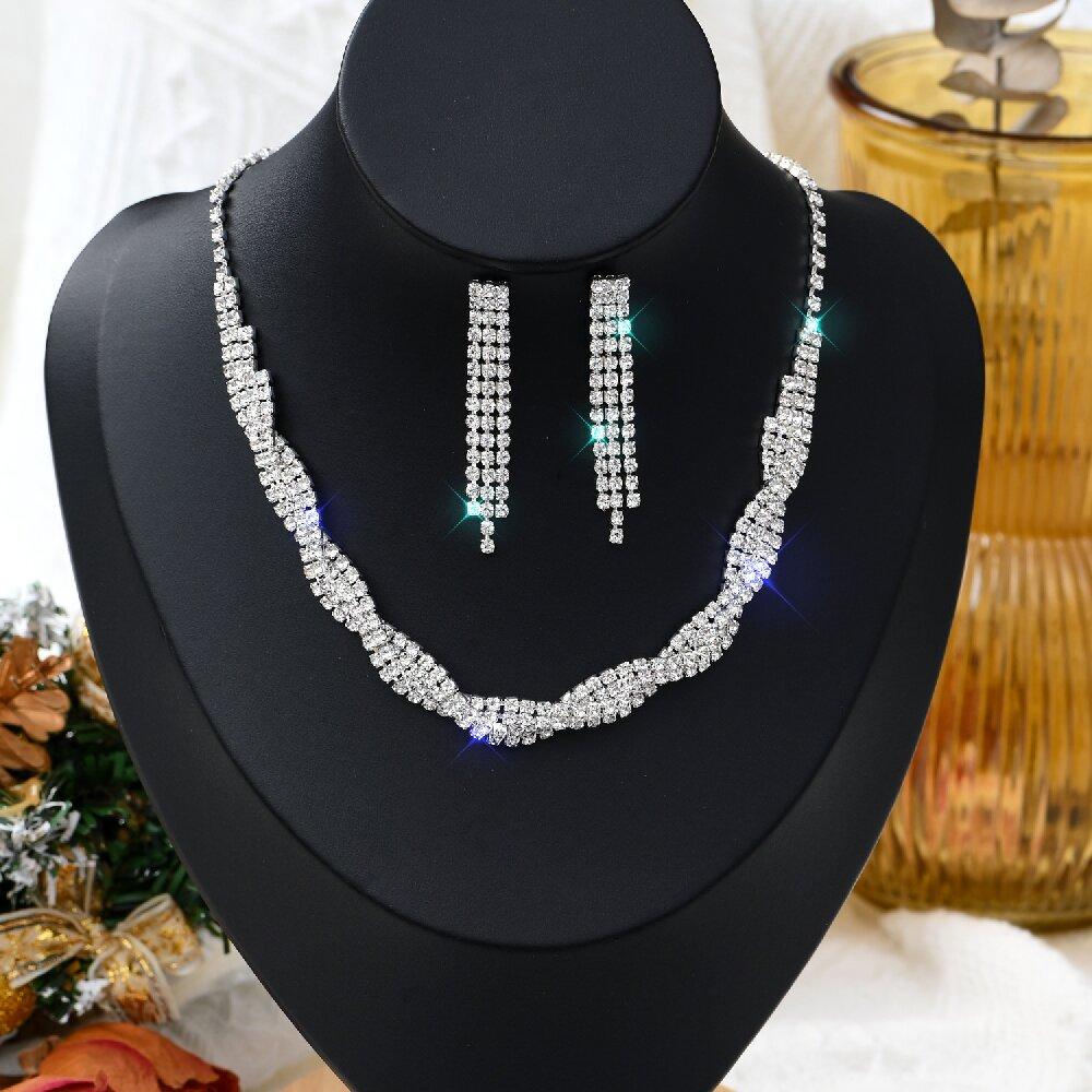 3PC Women's Fashion Copper Inlaid Claw Chain Hollow Tassel Necklace Earrings Zircon Set Wedding Banquet Party Holiday Gift-8133