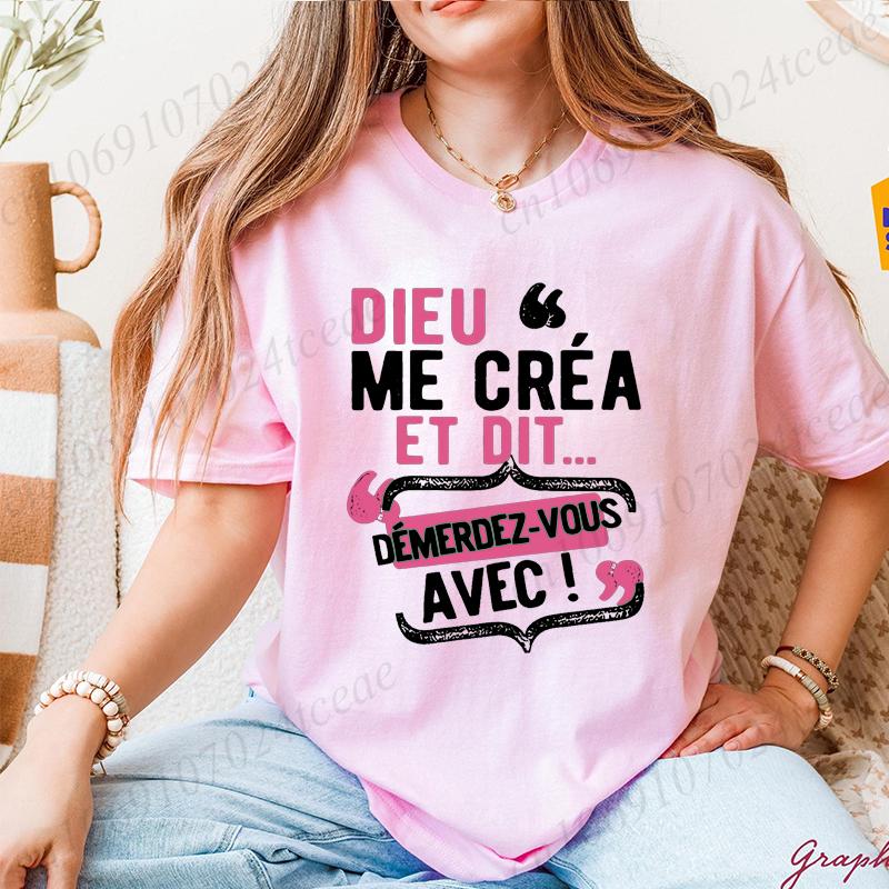 T-Shirts for Women Casual Crew Neck T-Shirt with French Quote "Dieu Me C'est Mon Saint" - Playful Letter Print Short Sleeve Top