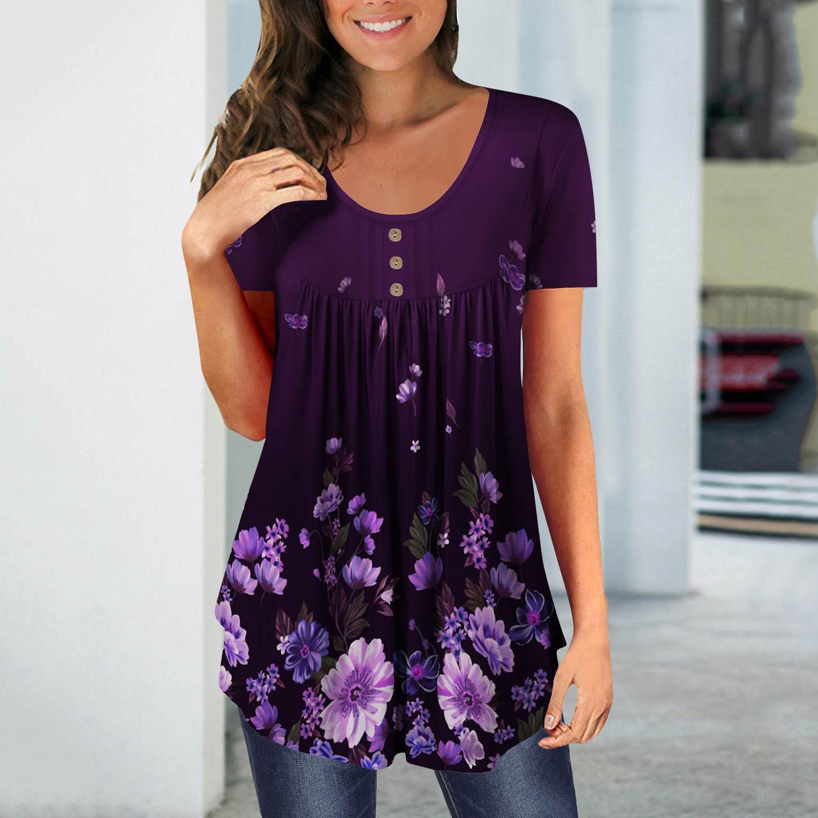 

Women s Fashion Casual Print Comfortable Button Short Sleeve T-Shirt Tops Blouse XXL фиолетовый