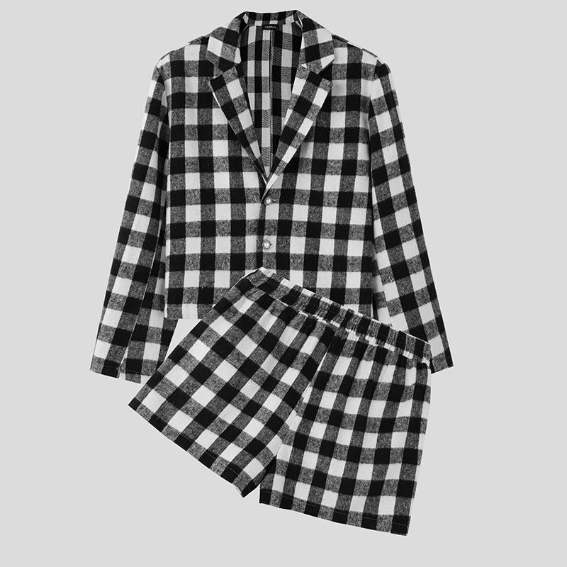 

INCERUN Костюм из двух частей для мужчин с лацканами, бархатные топы с длинными рукавами, короткие брюки, повседневные комплекты в клетку 2XL белый