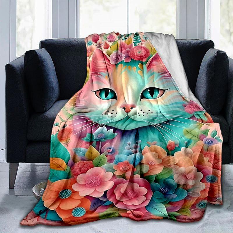 1pc Pink Cat Art with Floral Accents Blanket, Soft Throw for Room Decor