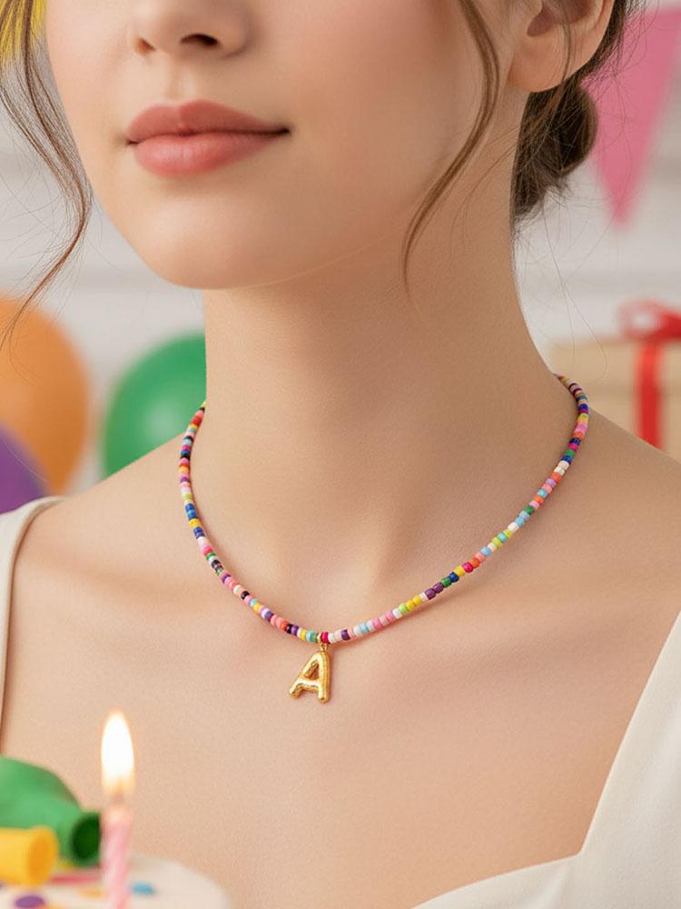 Colored Initial Necklaces Handmade Gold Letter Pendant Reusable Exquisite Beach Bohemian Necklace for 6-18 Year Old Girl