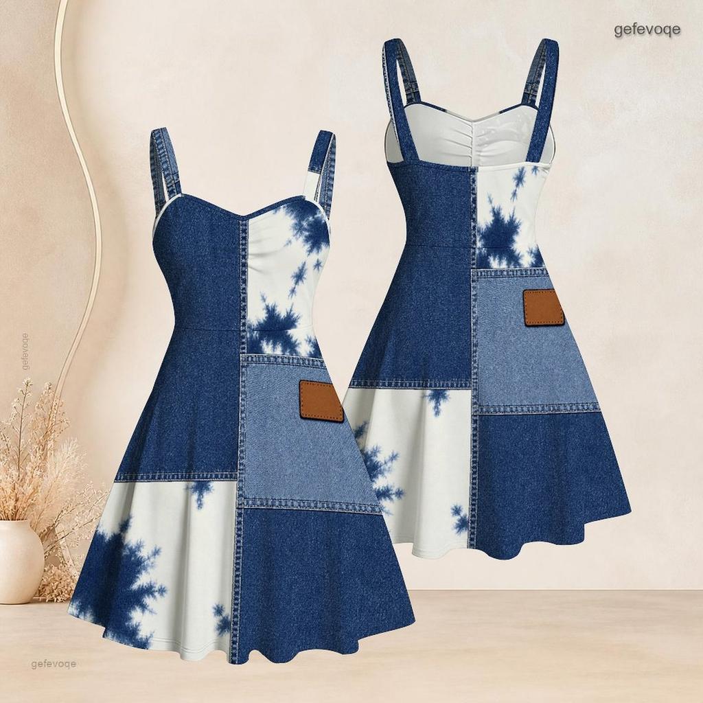 Women Plus Size Sweetheart Neck Strappy Off Shoulder Sleeveless Dress Abstract Printed Blue Beige Flared Hem