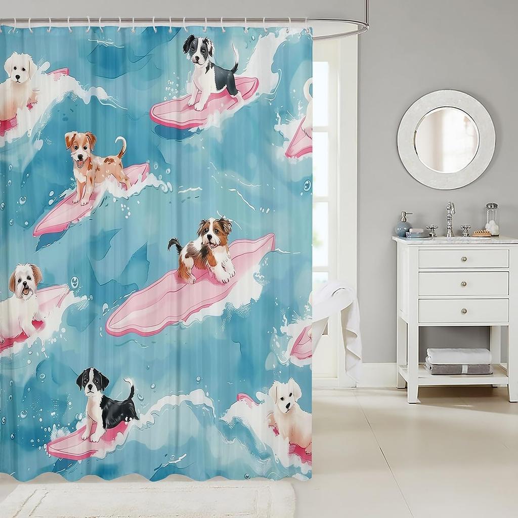 Süßer Hund Duschvorhang Surfing Hund Stoff Duschvorhänge für Badezimmer Sommer Ozean Küste Wasserdichtes Gewebe Kawaii Cartoon
