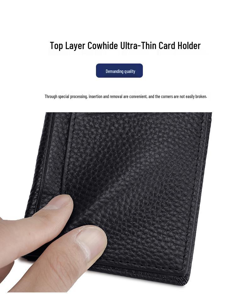 Ultra-Thin Genuine Leather Bifold Wallet with Multiple Card Slots & Litchi Grain