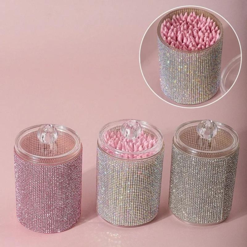 Diamond-Studded Cotton Swab Storage Jar, Decorative Bathroom Vanity Countertop Makeup Desk Storage Box