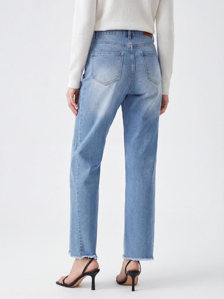 Puffanpop Damen Stretch High Waist Straight Leg Jeans Bequeme Denimhose mit ausgefranstem Rohsaum Freizeithose