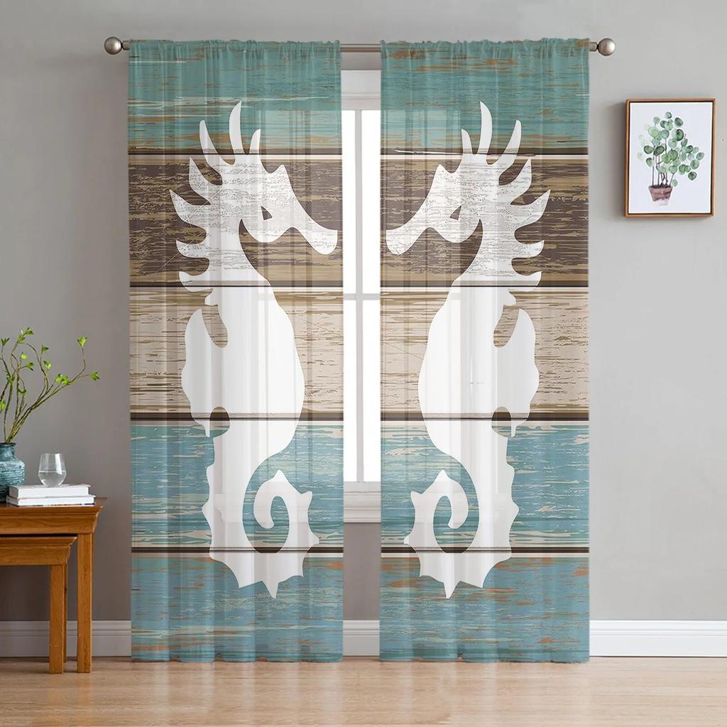Marine Life Two Seahorses Sheer Curtains for Living Room Voile Curtain Bedroom Bathroom Tulle Curtains Window Drapes
