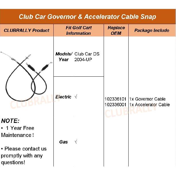 Club Car DS Golf Cart Governor & Accelerator Cable Snap In Kawasaki FE290 2004 & UP, OEM#102336101, 102336001