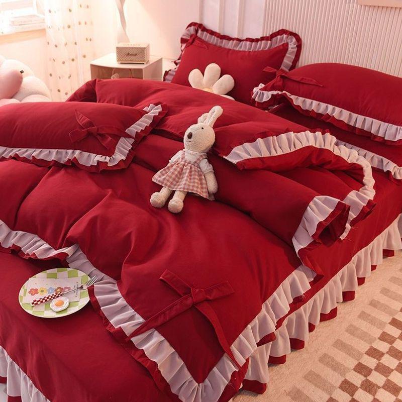 Korean Princess-Style Lace Trim Bedding Set - Brushed Four-Piece for Spring/Autumn