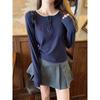 Women Embroidered Design Half Open Collar Long Sleeve Casual Layering T Shirt