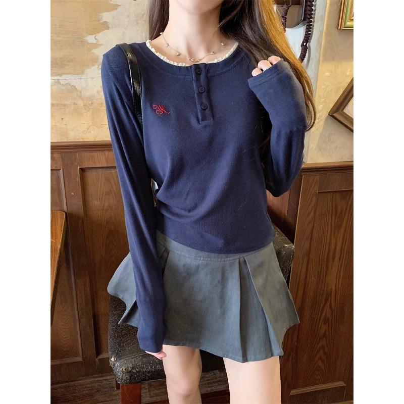 Women Embroidered Design Half Open Collar Long Sleeve Casual Layering T Shirt