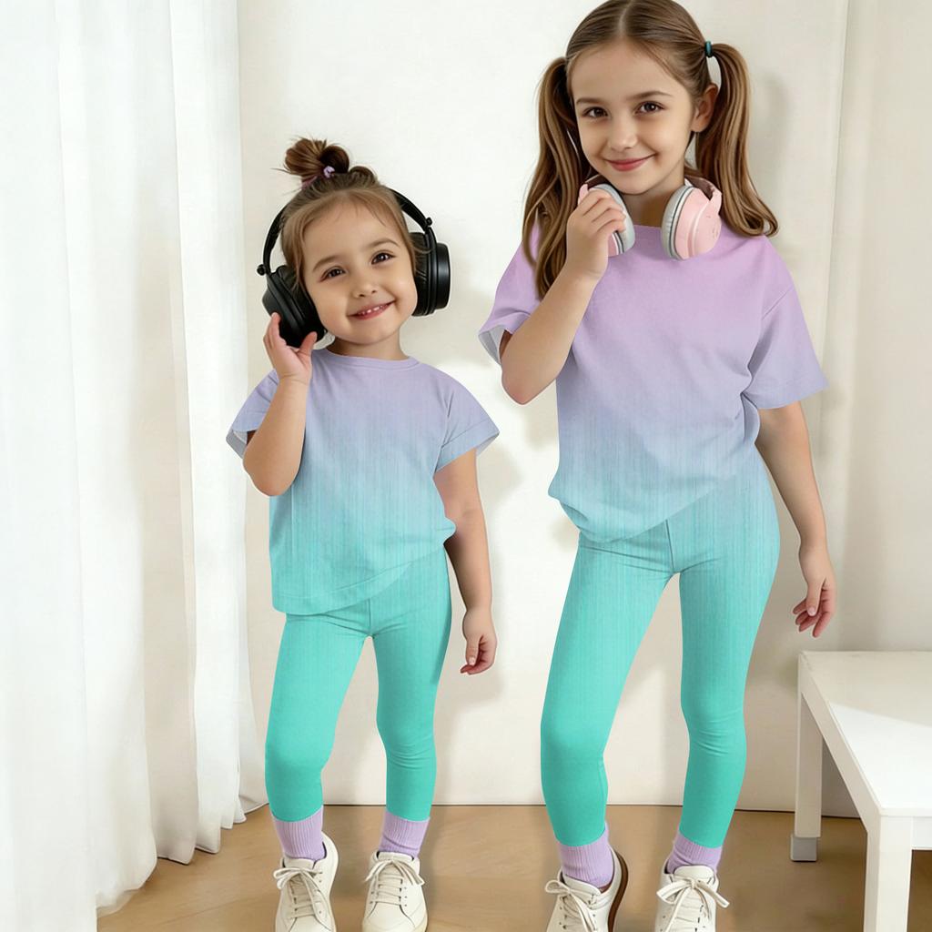 Kids Gradient Print Outfit Short Sleeve Top and Long Pants Set Lightweight Soft Fabric Comfortable Fit Casual Wear for Boys and Girls