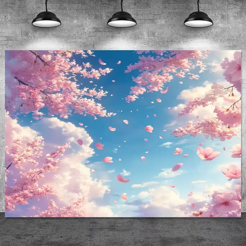 2D Dreamy Cherry Blossom Branches and Floating Petals Tapestry