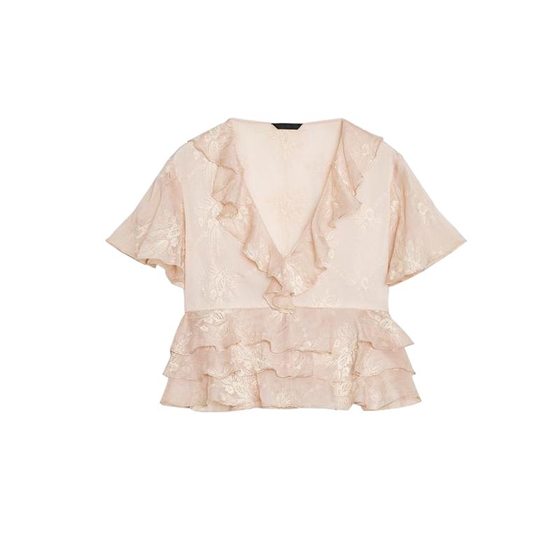 

Spring and Summer Women s Clothing French Vintage Style Translucent Laminated Decoration Embroidered V-neck Short Sleeve Shirt 3105872 Light pink L