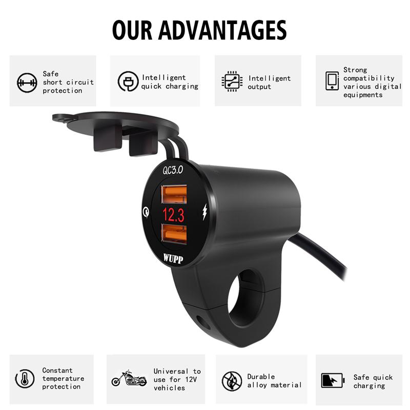 LMoDri 12V Motorcycle Waterproof Quick Charge QC3.0 Dual USB Fast Charger Power Adapter LED Voltmeter Switch for Phone