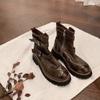 Spot Second Hair! Fashion Versatile New Washed Shrinkage Horse Leather Buckle with Side Zipper Thick Heel Martin Short Boots Women's Autumn