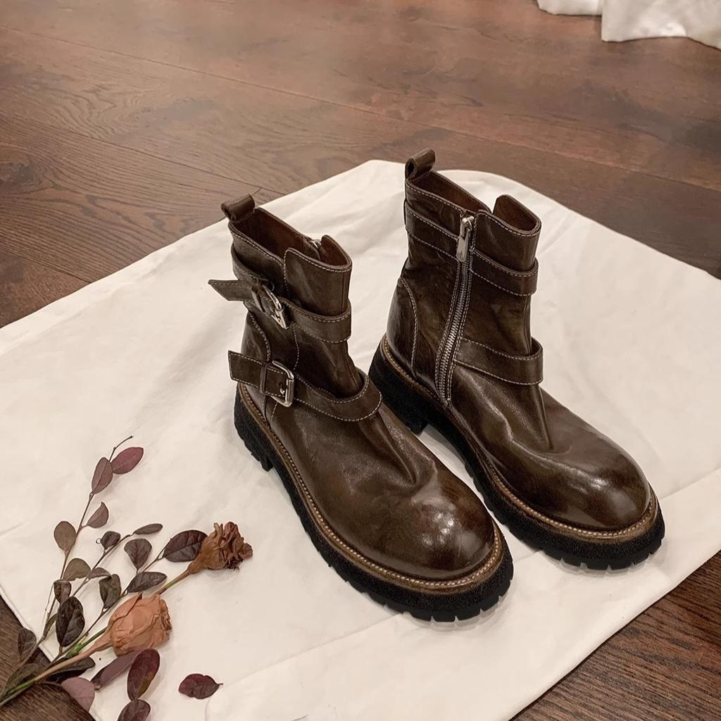 Spot Second Hair! Fashion Versatile New Washed Shrinkage Horse Leather Buckle with Side Zipper Thick Heel Martin Short Boots Women's Autumn