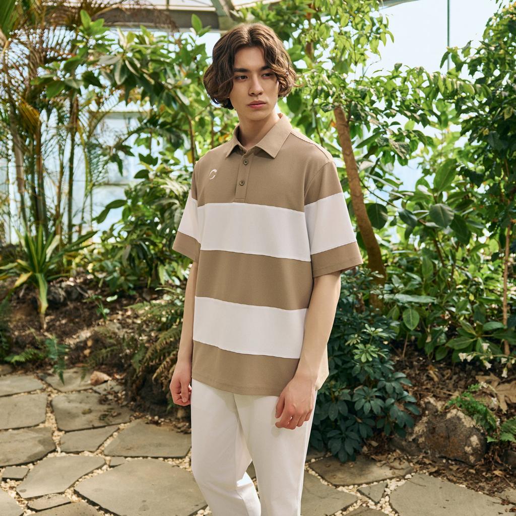 CHALLENGER Men'S Summer Cool Stretch Color Blocking Collared Short Sleeve T-Shirt Beige