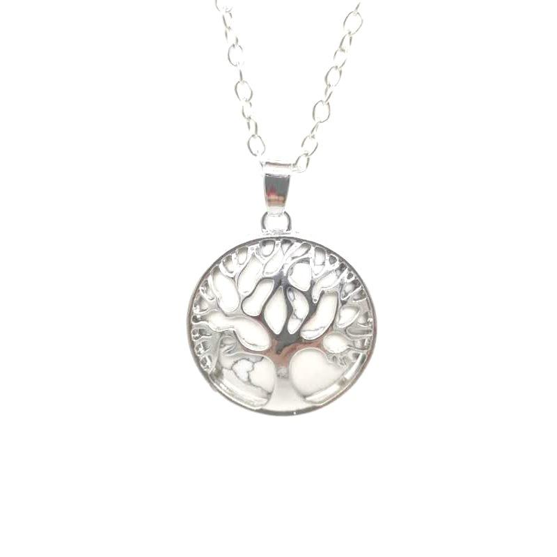 Multi-Color Hollow Natural Stone Pendant Item Round Alloy Tree Of Life Necklace Elegant And Fashionable
