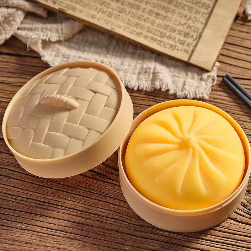 2026 New Colorful Simulation Food Dumpling  Bun Squishies with Steamer Soft Squeeze Stress Ball Fidget Sensory Toy
