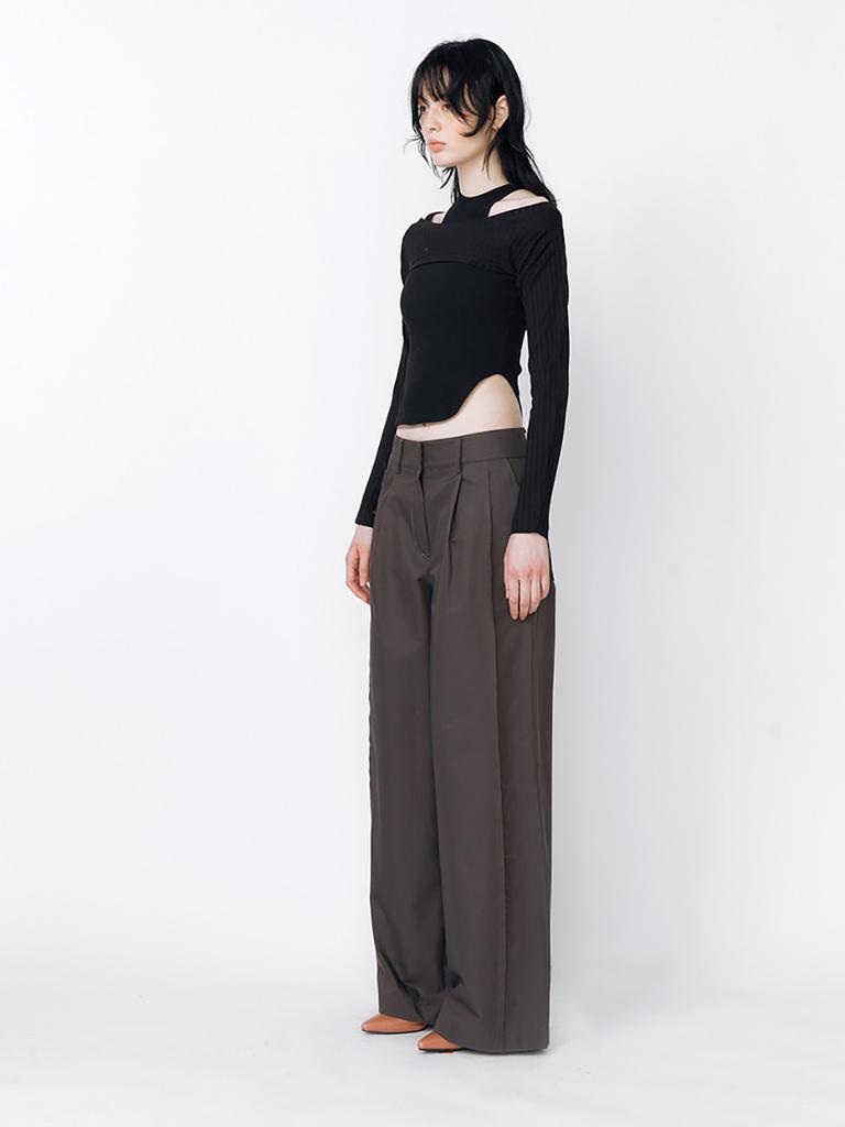 MEENDERI Banding Pintuck Wide Pants - Charcoal