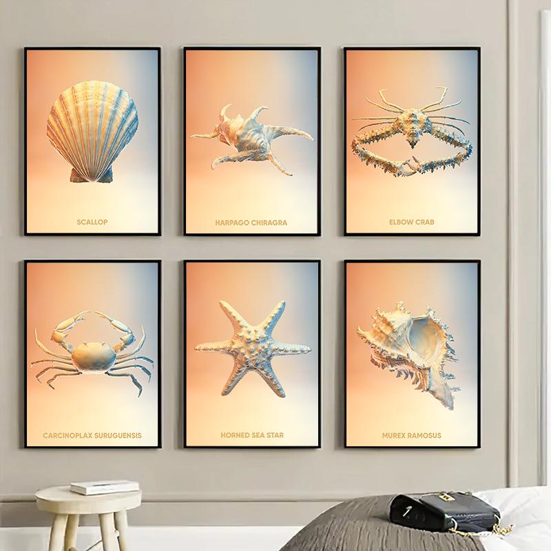 Vintage Crab Ocean Animals Posters Print Canvas Painting Scallop Sea Star Nordic Wall Art For Living Room Home Decoration Mural