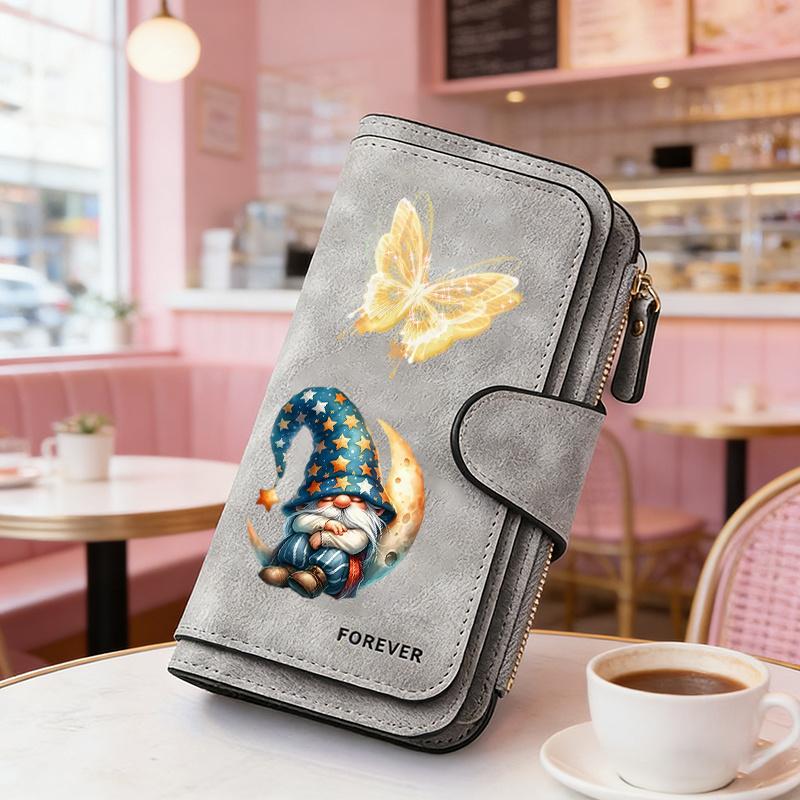 Dwarf & Butterfly Women's Long Wallet Tri - fold Card Holder Multi - slot Storage Printed Zipper Wallet for Cash ID Credit Card Daily Items Gift