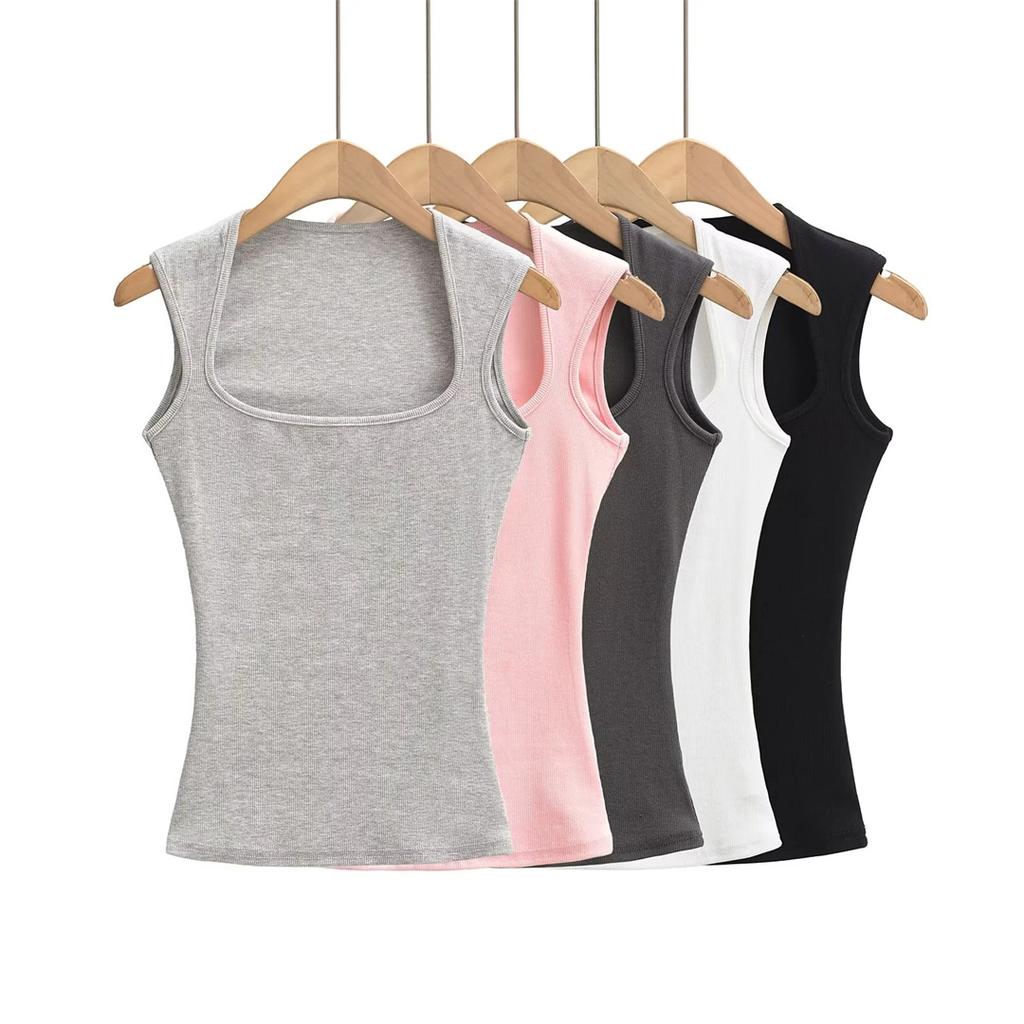 Women's Square Neck Sleeveless Slim Fit Crop Tank Top Solid Color Casual Basic Vest