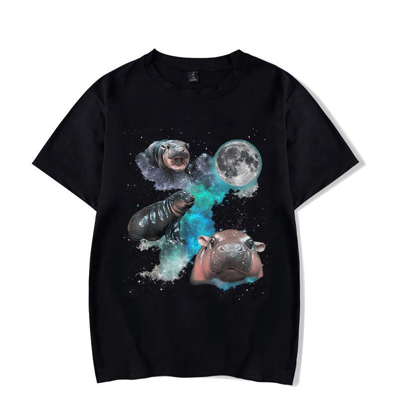 Ladies' Loose Casual Fun Moo Deng Bouncing Pig Print Pure Cotton Short Sleeved Top T-Shirts Women’s